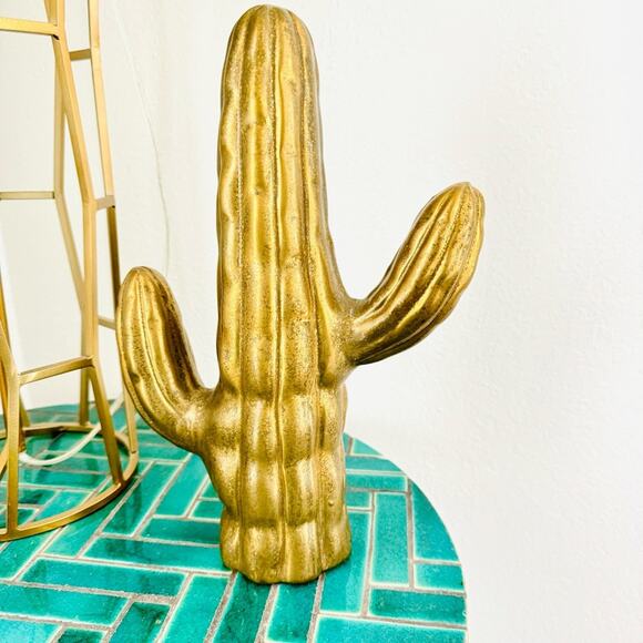 ANTHROPOLOGIE Textured Brass Gold Ceramic Saguaro Cactus Figurine Accent Decor - Picture 13 of 14